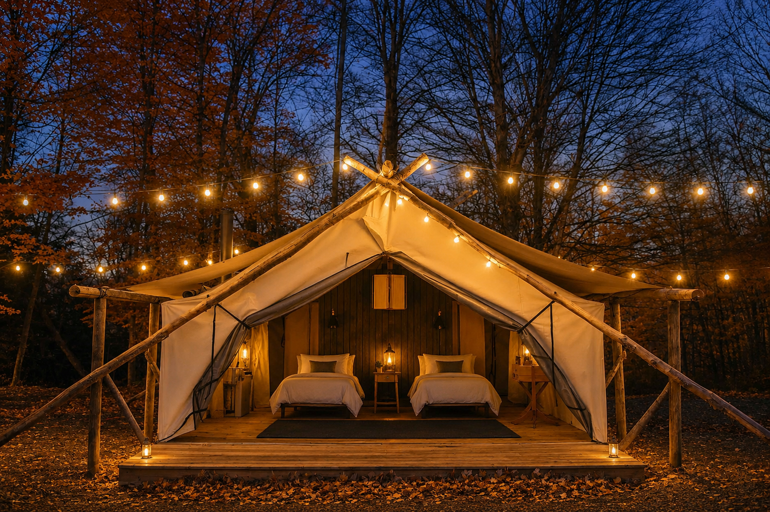 Illuminated glamping tent at dusk with string lights and wooden porch