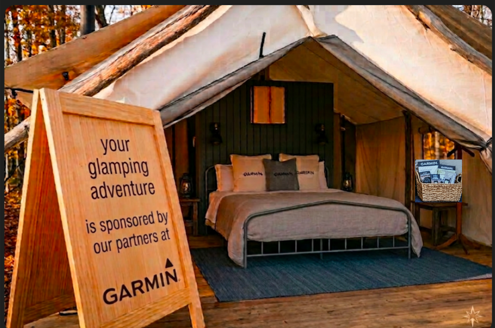 Sample sponsor signage inside a glamping tent: 'your glamping adventure is sponsored by our partners'